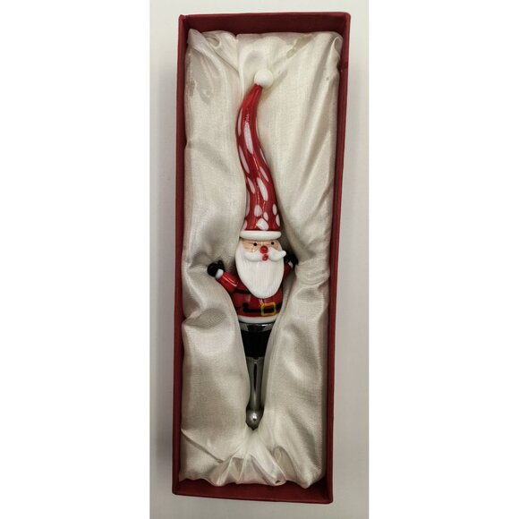 Hand Blown Glass Santa Claus Wine Bottle Stopper Red Polka Dot Hat & Gift Box - Picture 1 of 5